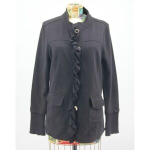 Neon Buddha Jacket Womens Black Art Button Langenlook Stretch Ruffle Sz S #719
